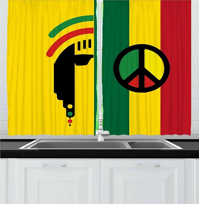 Ambesonne Rasta Kitchen Curtains, Iconic Barret Reggae and Jamaican Music Culture with Peace and Borders, Window Drapes 2 Panel Set for Kitchen Cafe Decor, 55" x 24", Green Red