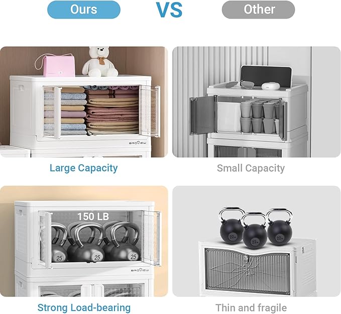 400Qt Stackable Storage Bins with Lids, 100Gal Closet Organizers and Storage Drawer, Plastic Collapsible Storage Bins with Doors, Heavy Duty Store Box Cabinet for Home Kitchen, 4Pack White