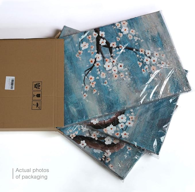 amatop Wall Art for Living Room 100% Hand-Painted Flower Oil Painting On Canvas Gallery Wrapped Large Framed Floral Plum Blossom Tree Teal Blue Artwork for Home Bedroom Decor 48"x24"