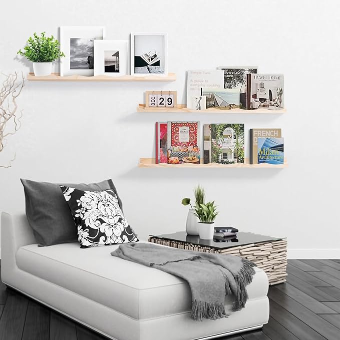 AZSKY Picture Ledge Shelf, 36 Inch Floating Shelves with Lip, Picture Shelves for Wall with Ledge(Natural Wood)