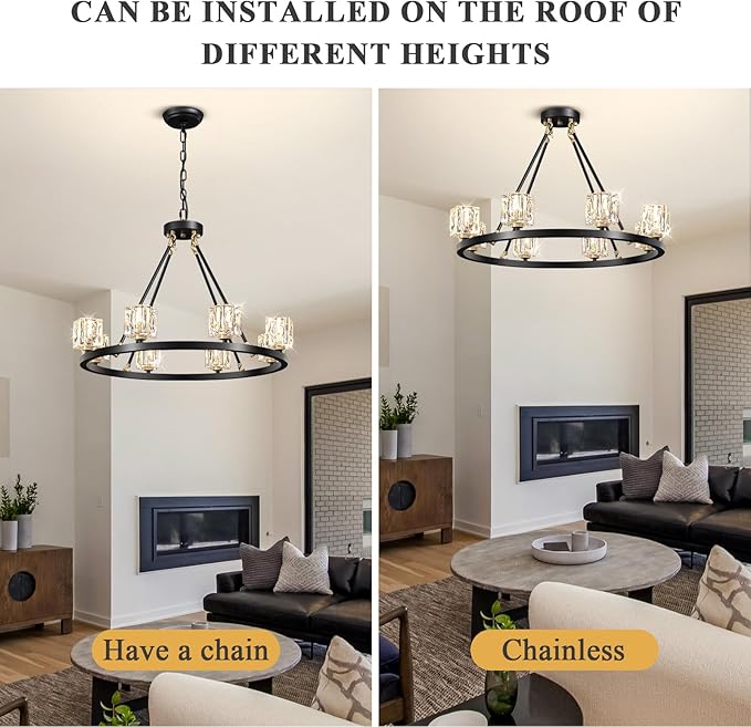 Black Wagon Wheel Chandelier, 8-Light Farmhouse Crystal Chandeleirs with Adjustable Height,Ceiling Hanging Light Fixture Pendant Lights for Living Room,Bedroom,Kitchen Island,Dining Room,Bedroom