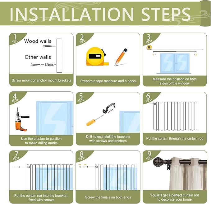 Bronze Farmhouse Curtain Rods for Windows:36-88 Inch Heavy Duty Adjustable Curtain Rod for Bedroom Living Room,Boho Decorative Rustic Drapery Rods with Vintage Coastal Finial,Antique Bronze