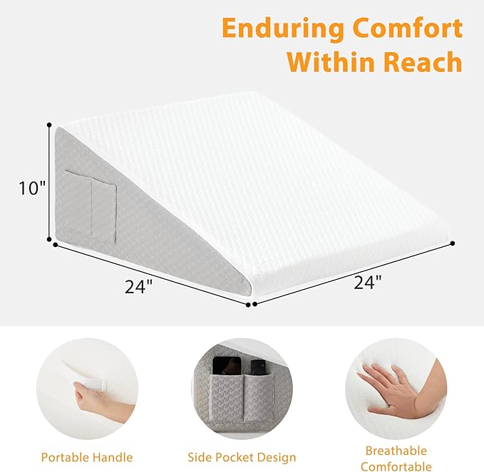 Bed Wedge Pillow for Sleeping, 10" Wedge Pillows for After Surgery, Soft Memory Foam Top, Triangle Pillow Wedge, Body Positioners for Leg Elevation, Acid Reflux, Gerd, Snoring Relief, White