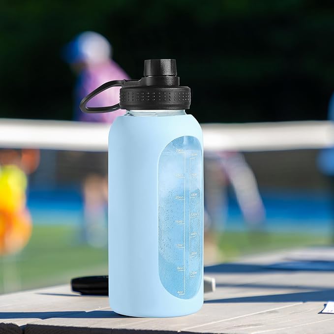 32 oz Glass Water Bottle with Straw and Handle, Sports Motivational Water Flask with Silicone Sleeve, Large Leakproof Water Flask Cup with Time Marker for Travel, Gym, Sky Blue