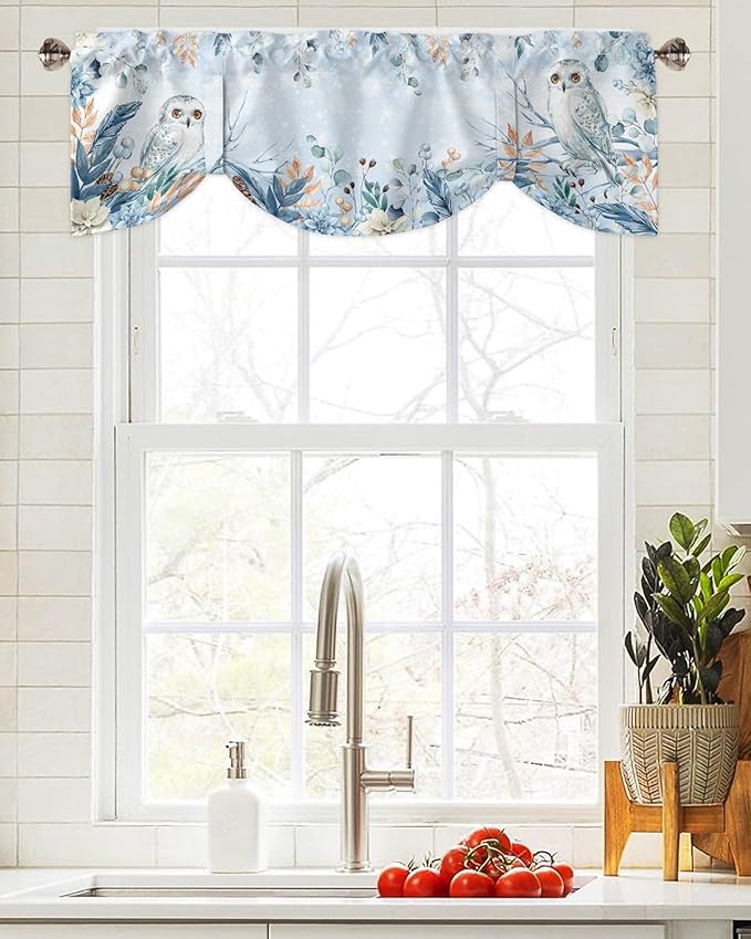 Blue Christmas Blackout Tie Up Valance Curtains for Kitchen Windows Winter Snowy Owl Poinsettia Eucalyptus Leaves Window Toppers Balloon Shades for Living Room/Bathroom/Bedroom,1 Panel, 54" X 18",