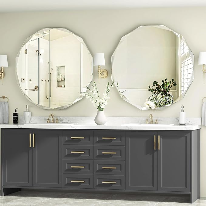 Bathroom Mirrors for Over Sink, Round Frameless Mirrors for Wall, 24x24 Inch Beveled Bathroom Mirror, Bathroom Vanity Circle Mirror for Bedroom Living Room Entryway Home Decor