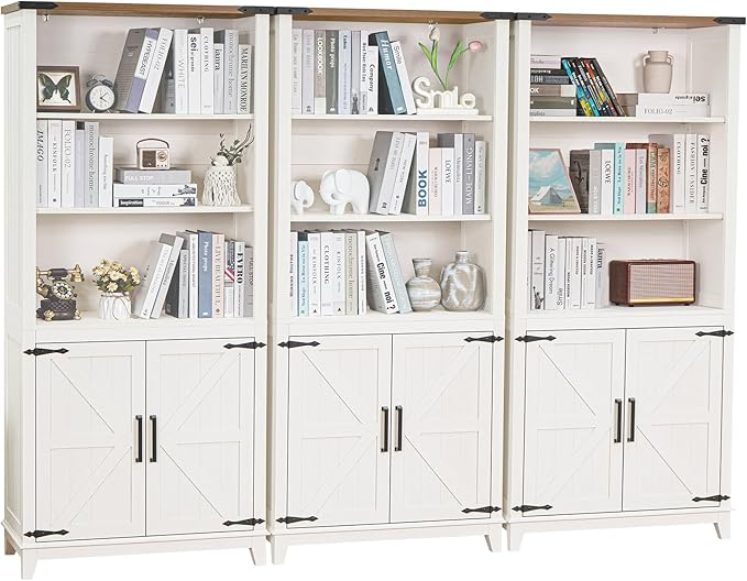 70in Tall Bookshelf 5 Tier Bookcase with Barn Doors and Storage Cabinet, White Farmhouse Book Shelf with Adjustable Shelves, Wood Freestanding Display Bookshelves for Bedroom, Kitchen (3PCS)