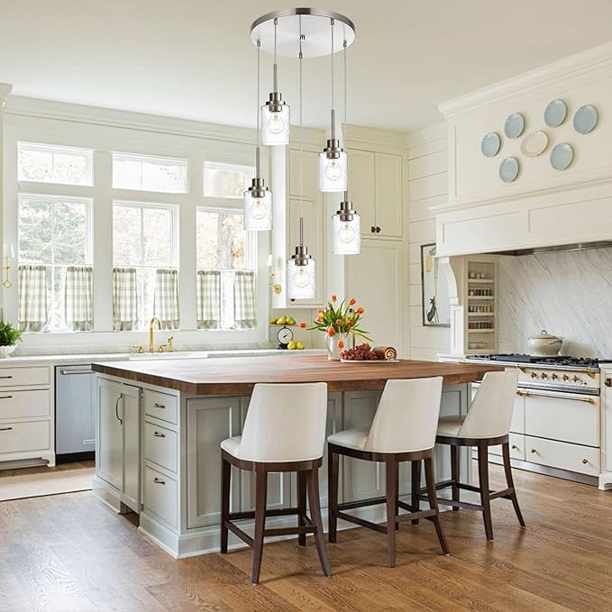 5 Light Farmhouse Pendant Lighting for Kitchen Island,Brushed Nickel Dining Room Cluster Pendant Light Fixtures Hanging Ceiling with Seeded Glass,Modern Pendant Light for Entrance Stairwell