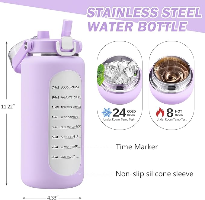 BLUEGO 64oz Insulated Water Bottle with Straw and Handle Leakproof Half Gallon Wide Mouth Motivational Water Bottle, 2-IN-1 Straw Spout Lid Stainless Steel Water Jug for Sport Travel Gym-Purple