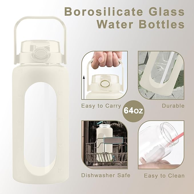 64 Oz Glass Water Bottle with Straw and Lid, Sports Motivational Water Bottle, Leakproof Water Jug Fitness with Silicone Sleeve for Gym, Beige