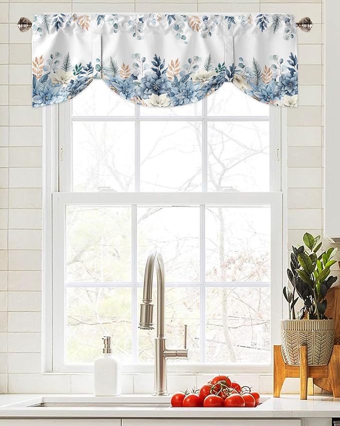 Blue Christmas Poinsettia Blackout Tie Up Valance Curtains for Kitchen Windows Winter Eucalyptus Leaves Window Toppers Balloon Shades for Living Room/Bathroom/Bedroom,1 Panel, 60" X 18",