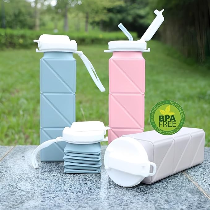 620ml Silicone Foldable Water Bottle with Straw Lid - Lightweight, Reusable, & Leakproof for Travel, Camping, Hiking, & Sports(GREY)