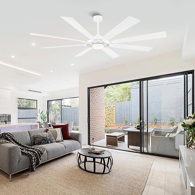 72" Ceiling Fan with Lights and Remote Control, Wood 8 Blades 6-Speed Noiseless Reversible DC Motor, 3 Downrods, Modern Large Ceiling fan for Covered Patio Bedroom Living Room Office, White
