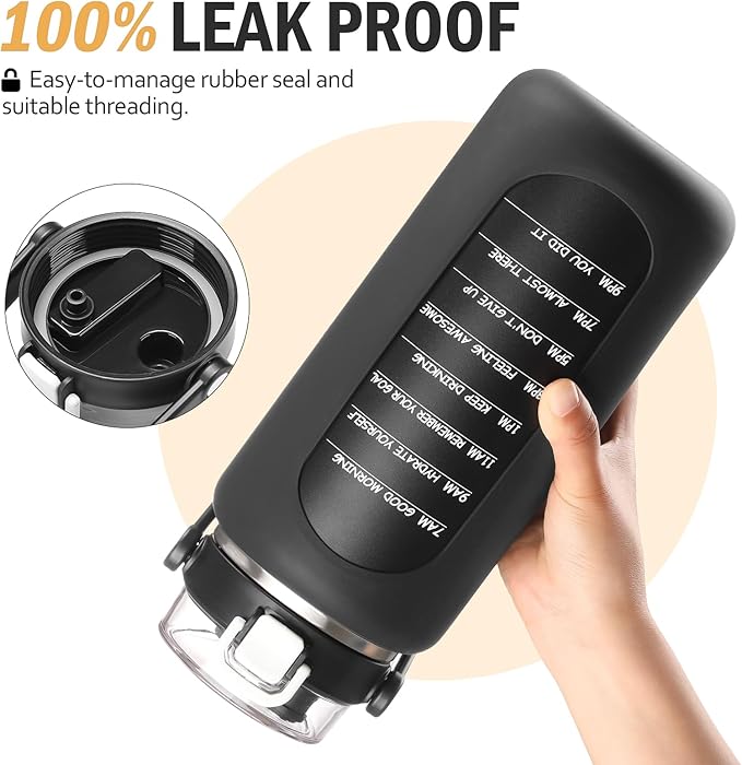 BLUEGO 64oz Insulated Water Bottle with Straw and Handle Leakproof Half Gallon Wide Mouth Motivational Water Bottle, 2-IN-1 Straw Spout Lid Stainless Steel Water Jug for Sport Travel Gym-Black