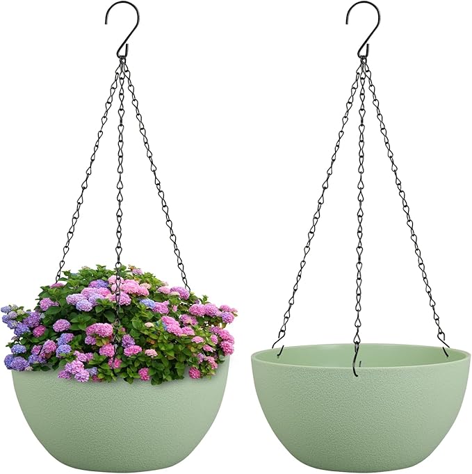 10 inch Hanging Planters Plant Pots for Indoor Outdoor Plants, 2 Pack Hanging Flower Pots with Drainage Holes and Chain for Garden Porch, Plastic Hanging Baskets for House Plants, Green