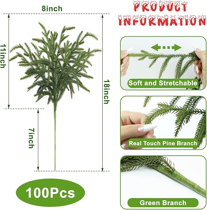 Artgar 100 Pcs Pine Branches - 18 Inch Artificial Green Pine Stem - Real Touch Christmas Greenery Pines Branches for DIY Flower Arrangement Home Indoor Christmas Decor