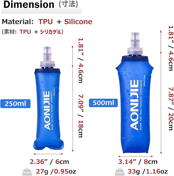 Azarxis TPU Soft Flask Running Collapsible Water Bottles BPA-Free Running Flask 250ml / 500ml for Hydration Pack - Ideal for Running Hiking Cycling Climbing (500ml/16.9oz)