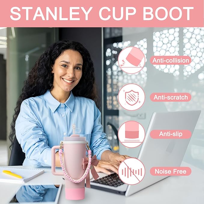 BELSITA Stanley Cup Accessories Set, Bow Pearl Chain Braided Design Water Bottle Handle Strap, Silicone Stanley Cup Boot, Stanley Charms for Stanley Cup 30/40oz Tumble (Pink)