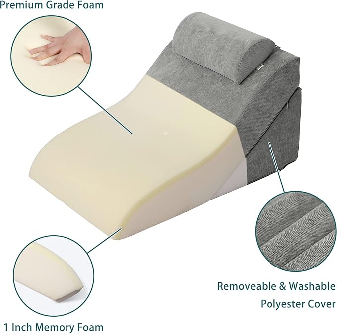 baibu 20 in Bed Wedge Pillow Set Foam | Adjustable Pillows for Back, Leg and Knee Pain Relief | Post Surgery Ortho Pillow – Anti Snoring, Heartburn, Acid Reflux & GRED (Gray)