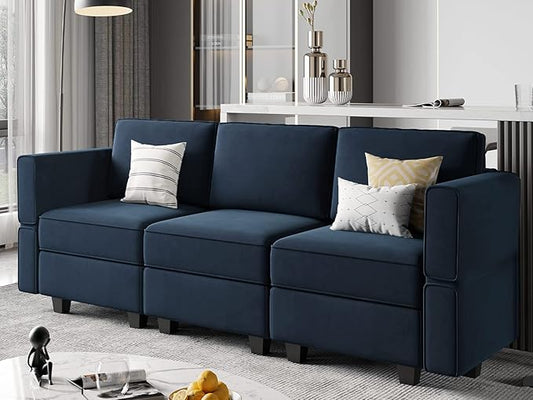 Belffin Modular Sofa Couch with Storage Seats Velvet 3 Seater Sofa for Living Room Blue