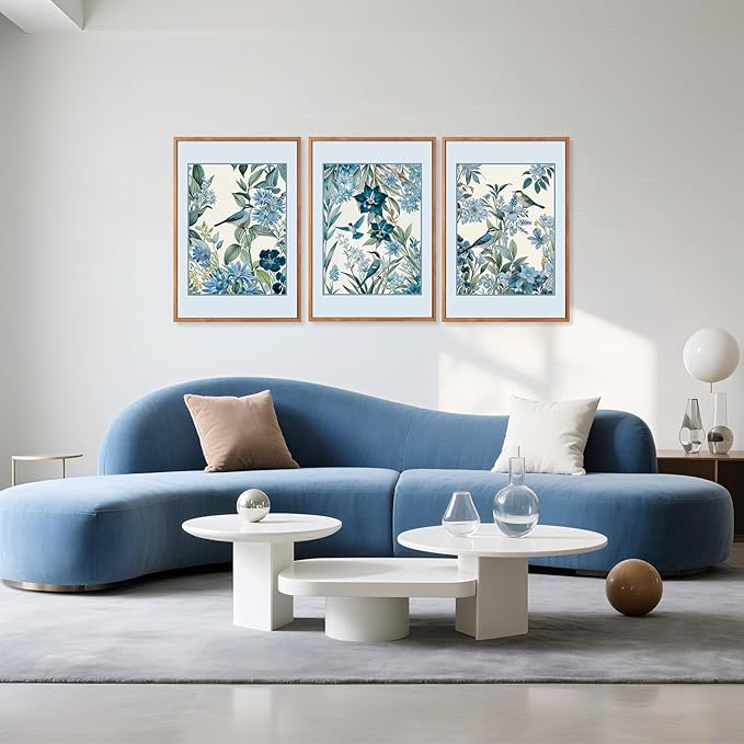Aurlan Vintage Blue Birds and Botanical Framed Wall Art(24"x36"), 3PCS Classic Chinoiserie Audubon Bird Canvas Artwork, Large Abstract Watercolor Flowers Floral Home Decor for Bedroom Living Room