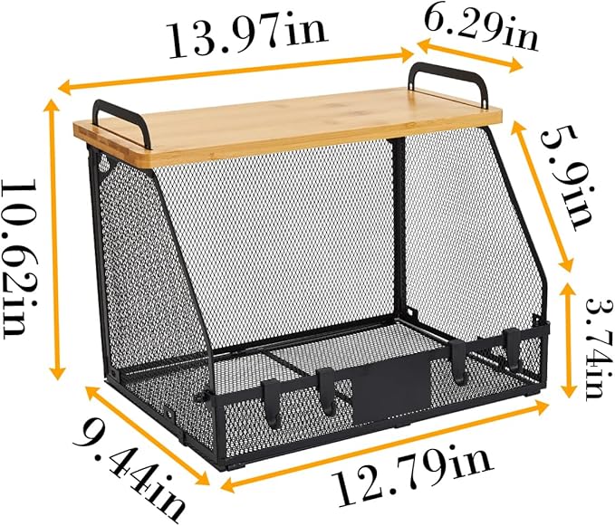 1 SET Large fruit basket for kitchen counter-stackable basket with Bamboo Tops & Tag,hanging wall baske,for Cabinet Shelf Countertop pantry storaget, onion potato Vegs Bread Food Organizing Bin,BLACK