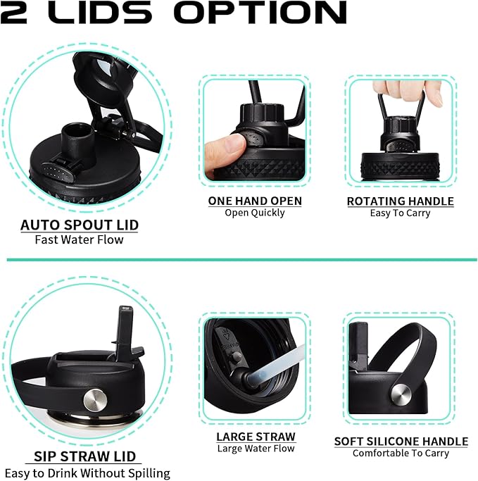 64oz Insulated Water Bottle with Straw & Auto Spout Lid - (Cold 48H & Hot 24H) Half Gallon Stainless Steel Water Jug with Paracord Handle, Metal Tactical Military Water Flask with Carrier Strap Bag