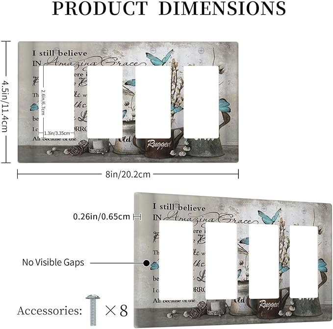 Blue Butterfly Rustic Flower Inspirational Quotes 4 Gang Rocker Decora Light Switch Cover Outlet Covers Wall Plate Decorative Switchplate Electrical Faceplate GFCI for Farmhouse Bedroom Decor