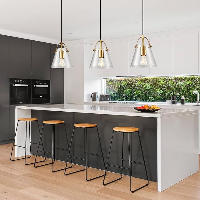 Brass Pendant Lights Kitchen Island,Modern Design Clean Clear Farmhouse Glass Pendant Light,Light Fixture Kitchen Pendant Medium Hanging Light Fixture for Sink A60 Bulb Recommened