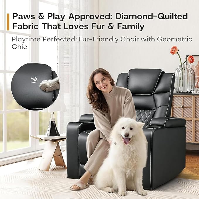 ANJ Power Home Theater Recliner Chair Set of 2, Electric Movie Theater Seating Reclining Chairs with Cup Holders for Living Room, Faux Leather with Blue LED, USB Ports, Hidden Arm Storage (Black)