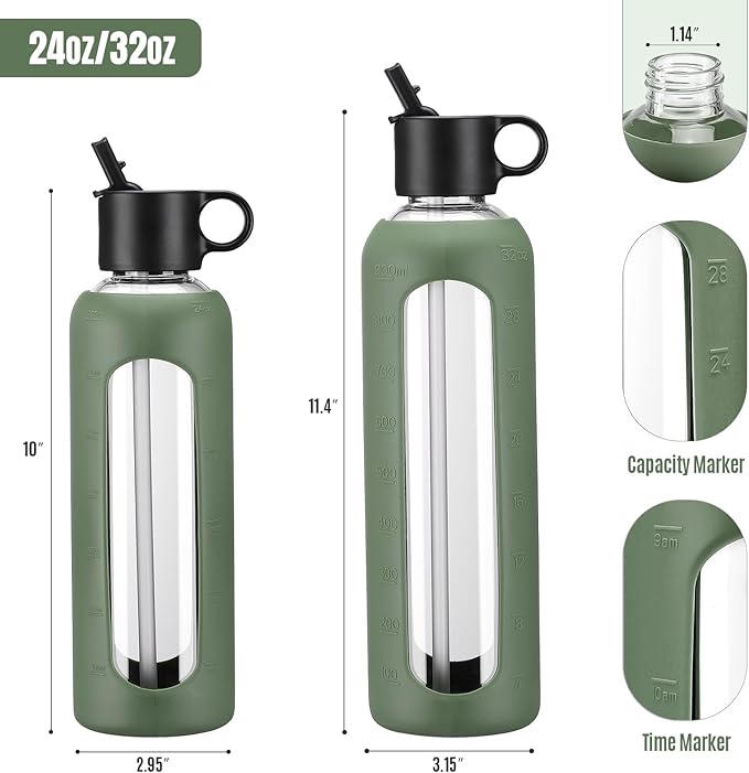 32oz Glass Water Bottle With 2 Lids-Flip Straw Lid, Bamboo Lid, Glass Water Bottle With Silicone Sleeve, Motivational Time Marker, Glass Juice Bottle for Cold Drink,Plive
