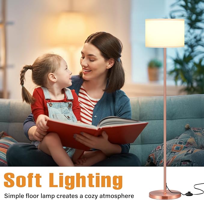 Ambimall 60'' Modern Floor Lamp with Shade, Tall Lamps for Living Room, Bedroom, Office, Dining Room, White Shade with Rose Gold Pole(Without Bulb)