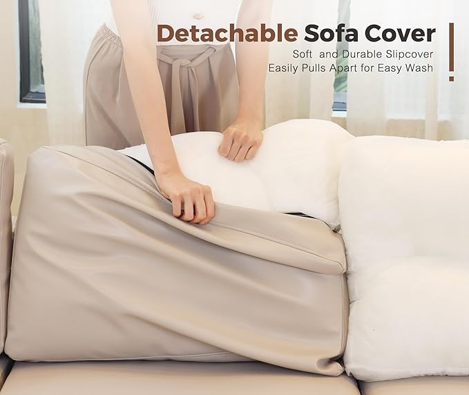 118.5" Faux Leather Modular Sectional Sofa with Storage Seat, Oversized 4 Seater Couch Deep Seat with Removable Cover Whitesand