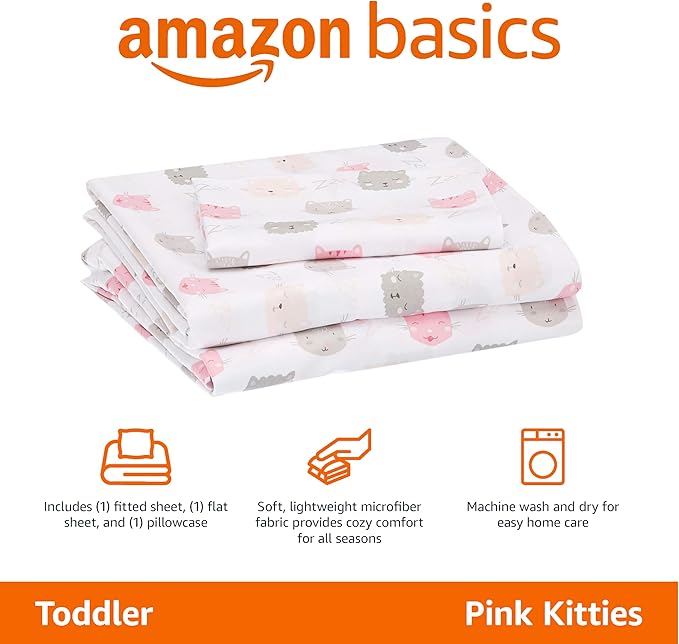 Amazon Basics Kid's Soft Easy-Wash Lightweight Microfiber 3-Piece Sheet Set, Toddler, Pink Kitties