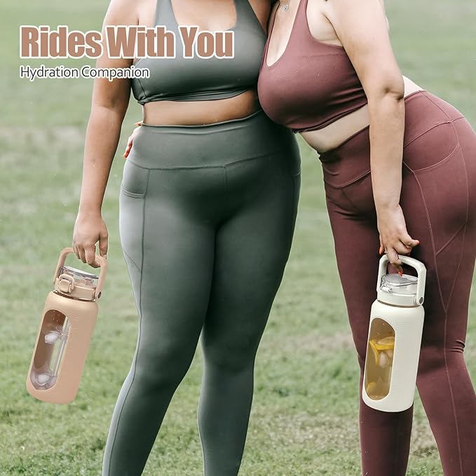 BLUEGO 64oz Glass Water Bottle with Handle and Straw, Motivational Sports Water Bottle with Time Marker and Silicone Sleeve Leakproof Drinking Bottle for Travel Gym Workout, Amber