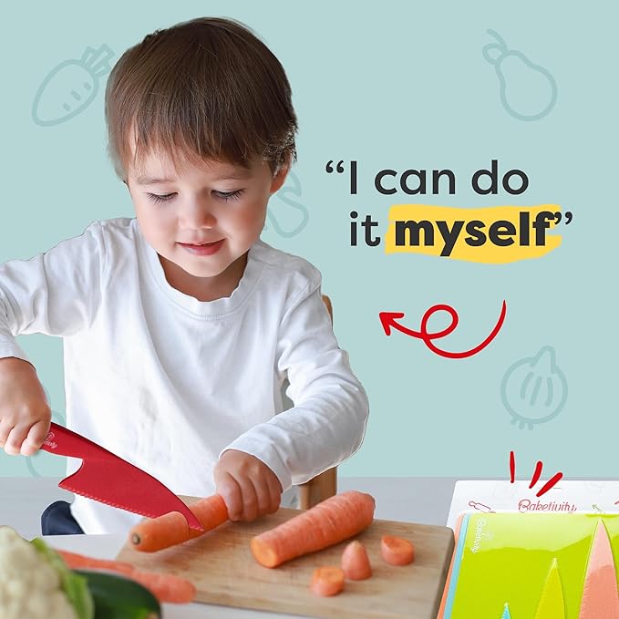 Baketivity 6 Piece Kids Cutting Board and Knife Set | Plastic Knives and Flexible Cutting Boards for Safe and Fun Cooking | Dishwasher Safe Kids Knifes for Real Cooking | Suitable for Children 6+