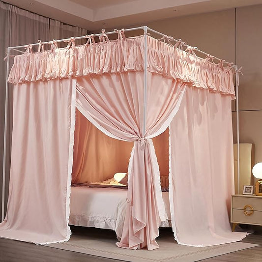 4 Corners Post Princess Ruffle Curtain Bed Canopy Lace Up Elastic Cozy Breathable Tent Mosquito Net for Girls Bedroom Decoration(Pink, 59-64" W*82" L*82" H/Queen)
