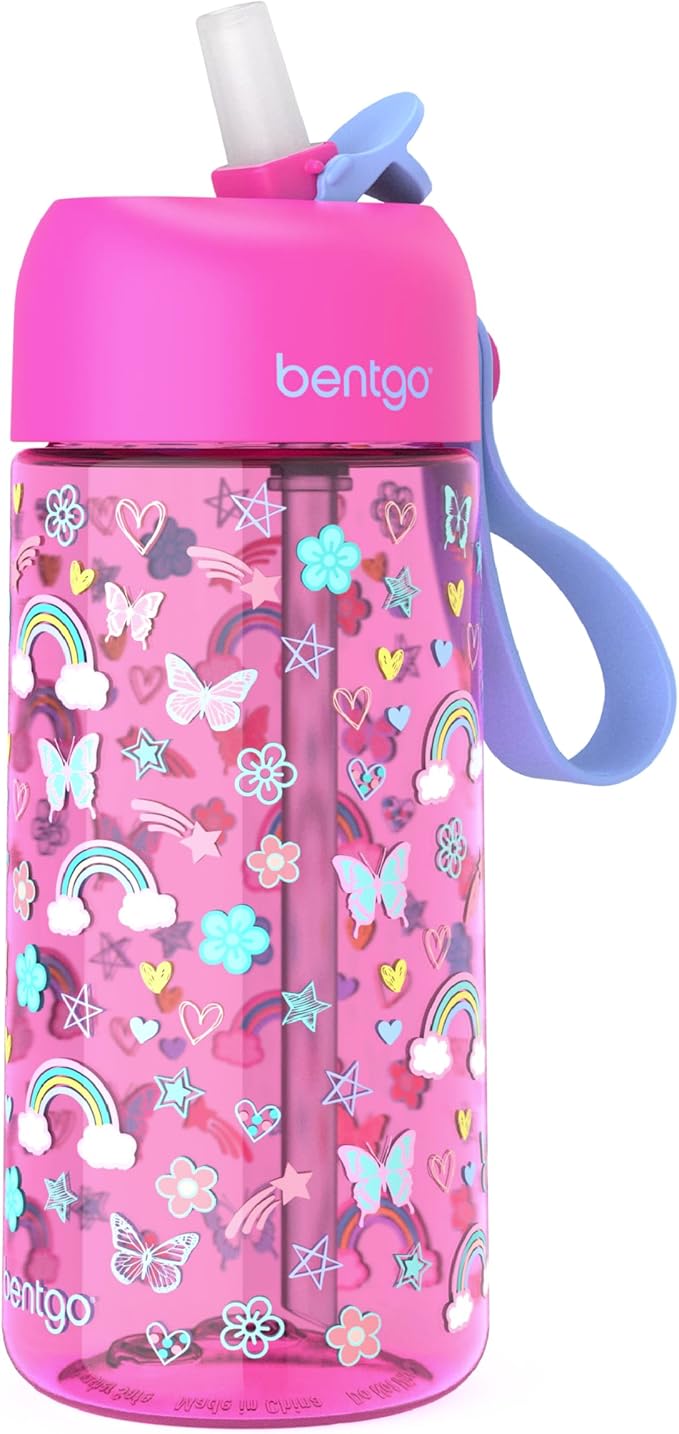 Bentgo Kids Water Bottle - Leak-Proof, Durable Tritan™, BPA-Free 15 oz. Cup for Kids/Toddlers Ages 3+ - Flip-Up Straw & Dishwasher Safe for School, Sports, Daycare & Camp (Rainbows & Butterflies)