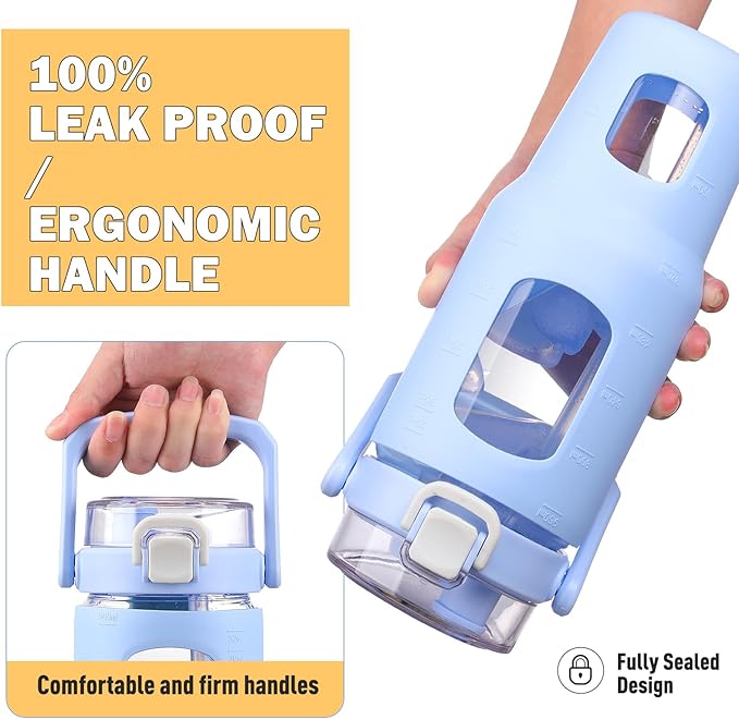 BLUEGO 32oz Glass Water Bottle with Handle and Straw|Leakproof Sports Glass Bottle with Time Marker and Silicone Sleeve|Glass Drinking Bottle for Travel, Gym, Workout, Blue