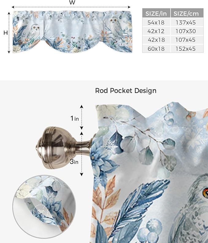 Blue Christmas Blackout Tie Up Valance Curtains for Kitchen Windows Winter Snowy Owl Poinsettia Eucalyptus Leaves Window Toppers Balloon Shades for Living Room/Bathroom/Bedroom,1 Panel, 60" X 18",