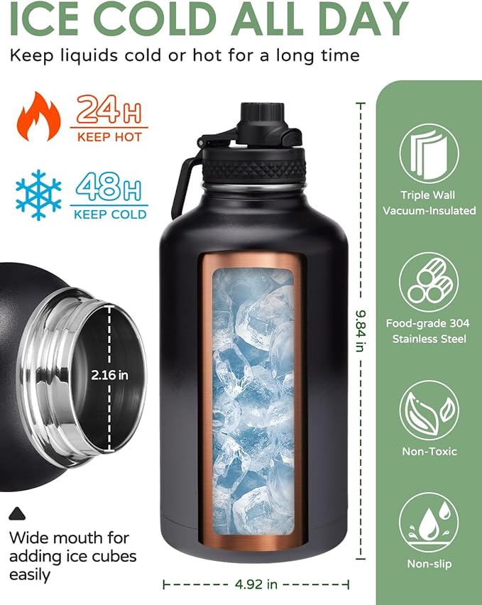 64 oz Insulated Water Bottle - Half Gallon Water Bottle Stainless Steel Flask, Keep Cold-48H & Hot-24H,1/2 Gallon Hydro Jug Sports Gym Water Bottle with Straw, Paracord Handle & Strap Carrier Pouch