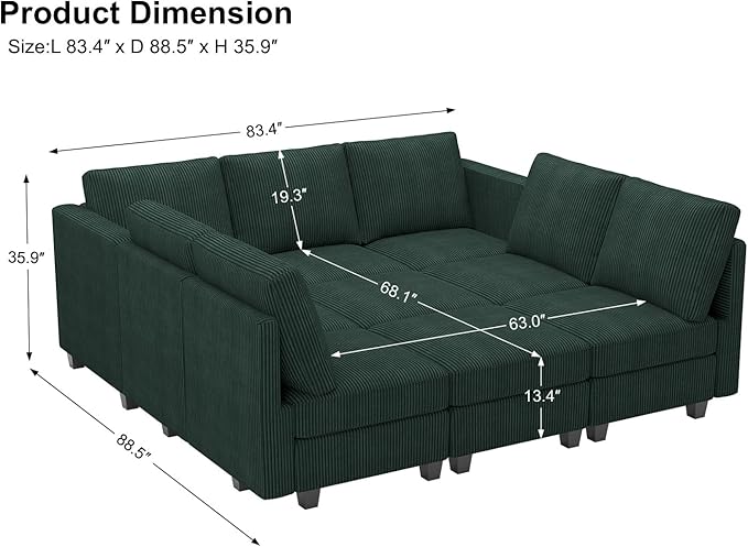 Belffin Corduroy Modular Sectional Sofa 9 Seat Convertible Sectional Sleeper Sofa Bed with Storage Ottomans Modular Sectional Couch Bed for Living Room Green