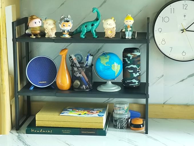 2 Tier Expandable Cabinet Shelf Organizer 14.5-25" L Kitchen Counter Shelf Rack Stand Sink Riser Countertop Storage Black (Normal 7.9”D)