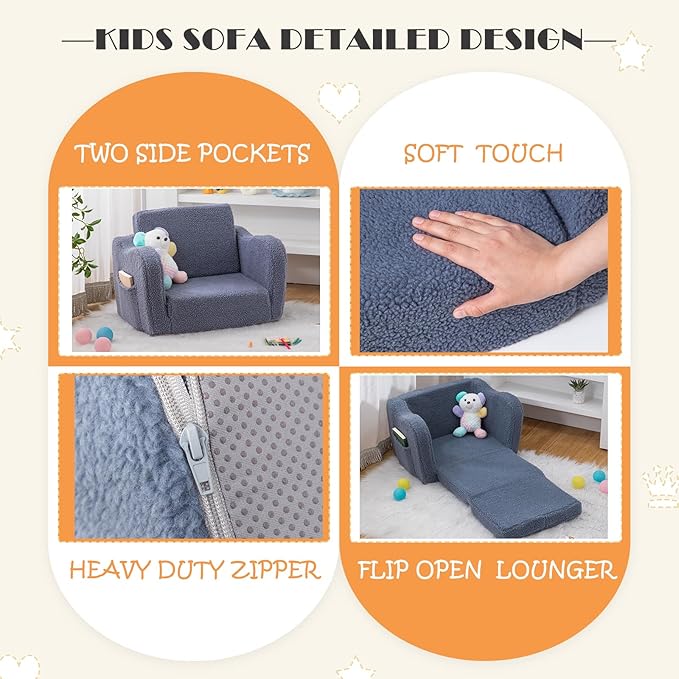 Baby Toddler Sofa Couch for Kids Foldable 2-in-1 Sherpa Fold Out Couch Bed for Playroom, Pull Out Children Convertible Sofa to Lounger Sleeper Chair for Boys & Girls with Double Pockets - Dark Grey