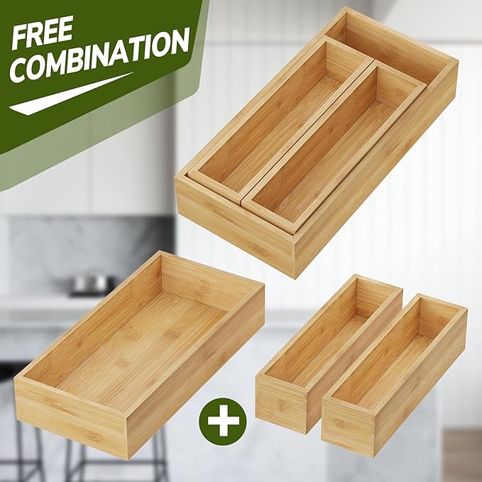 BAMEOS 3-Piece Bamboo Drawer Organizer, Utensil Organizer for Drawer, Junk Drawer Organizer for Kitchen Bathroom, Dressing Room, Office, Pantry (Natural)