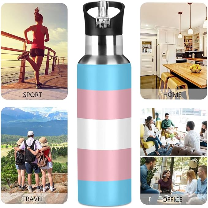 20 OZ Transgender Pride Flag Sports Water Bottle,Double Wall Vacuum Insulated Stainless Steel Pride Water Bottle with Straw Keeps Hot and Cold,Bike Running Travel Gym, Pride Month Day Gifts