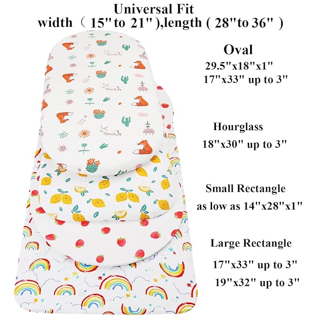 Bassinet Sheets (33" x 19") Compatible with Mika Micky, Baby Delight, Dream On Me, Amke and Other Rectangle Mattress, 2 Pack Fitted Sheets, 100% Jersey Knit Cotton 190GSM, Fox Rabbit and Rainbow