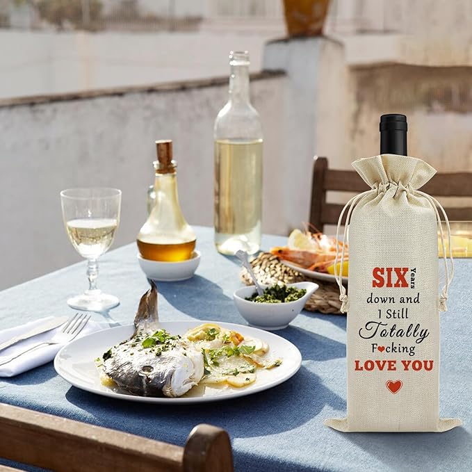 6th Anniversary Wine Bag Wedding Gift 6 Years of Marriage Gift for Couple Women Men Drawstring Wine Wrapping Bag 6th Anniversary Keepsake Gift Birthday Christmas Valentine Gift Wine Gift Bag