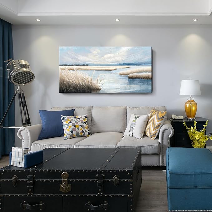 amatop Extra Large Coastal Marsh Landscape Wall Art – Neutral Blue Beige Wetland Canvas Print for Bedroom Living Room Office – Serene Nature Wall Decor,Oversized Ocean Artwork for Home Decoration