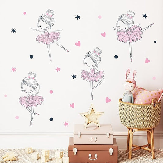 4 Cute Ballerina Ballet Dancers Wall Decals for Girls Bedroom Large Removable Wall Stickers for Classroom Pink and Black Wall Murals Peel and Stick Vinyl Kids Room Decor for Living Room Nursery
